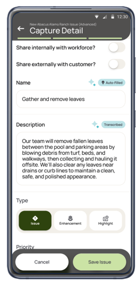 A screenshot of the operate app showing an Issue description.